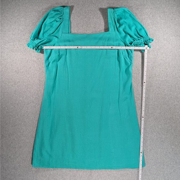 Draper James Linen Blend Puff Sleeve Mini Dress Teal Square Neck Size M - Picture 12 of 16